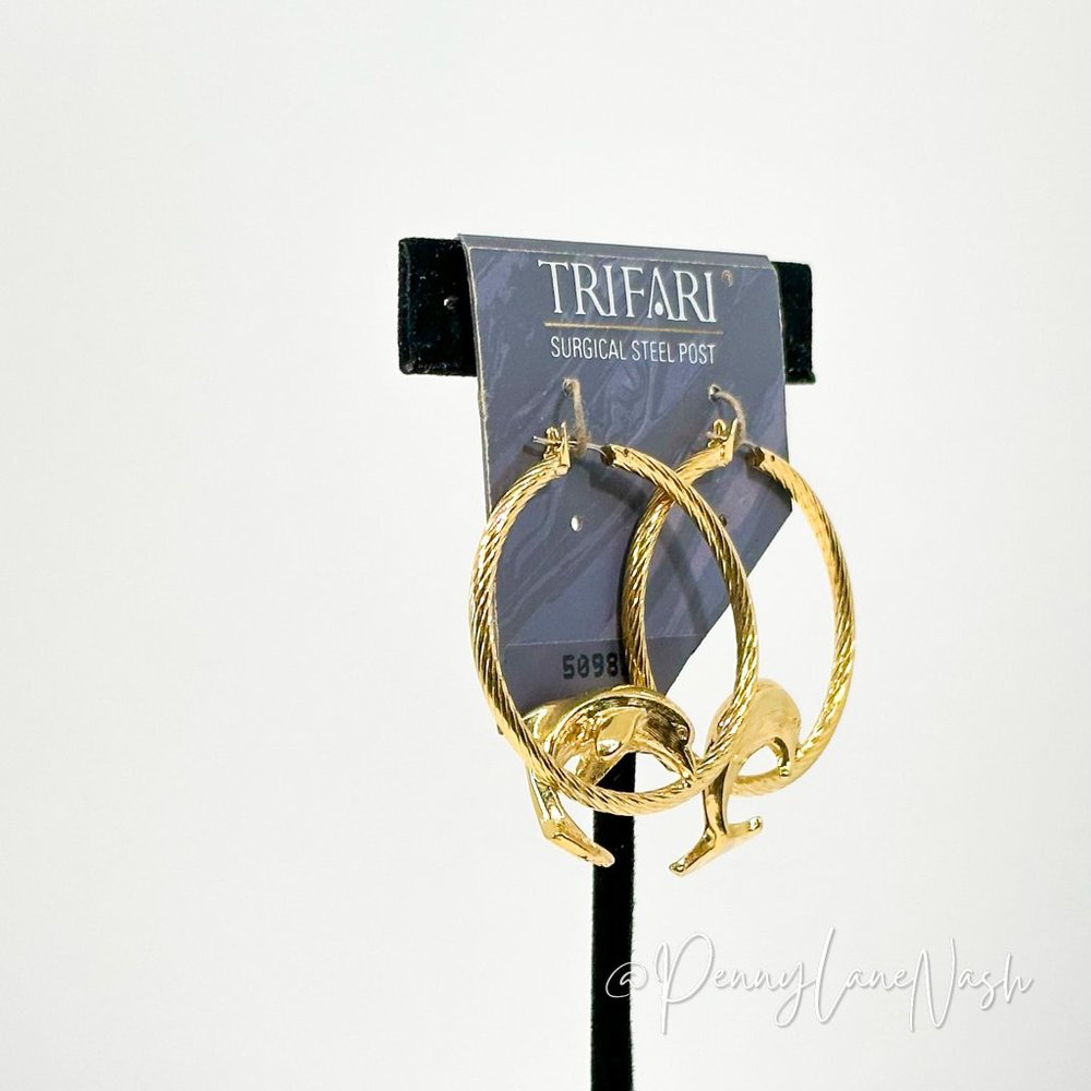 Trifari Gold Rope with Dolphins Hoop Earrings - Picture 2 of 9